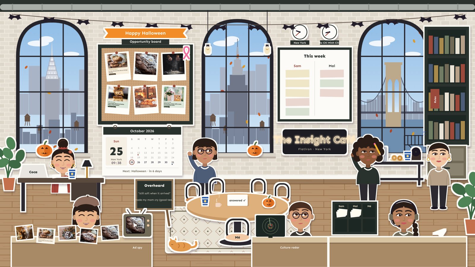 The Insight Café office, drawn: seven specialists at their desks